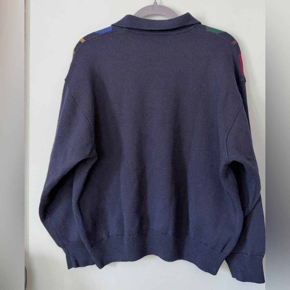 Vintage 80s/90s Italian Wool Argyle Collared 1/4 Button Up Sweater Size Large - Picture 4 of 4
